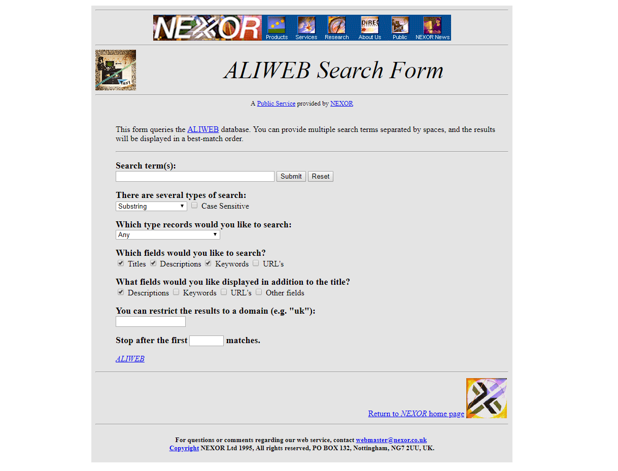 Так выглядел Aliweb в 1995 году